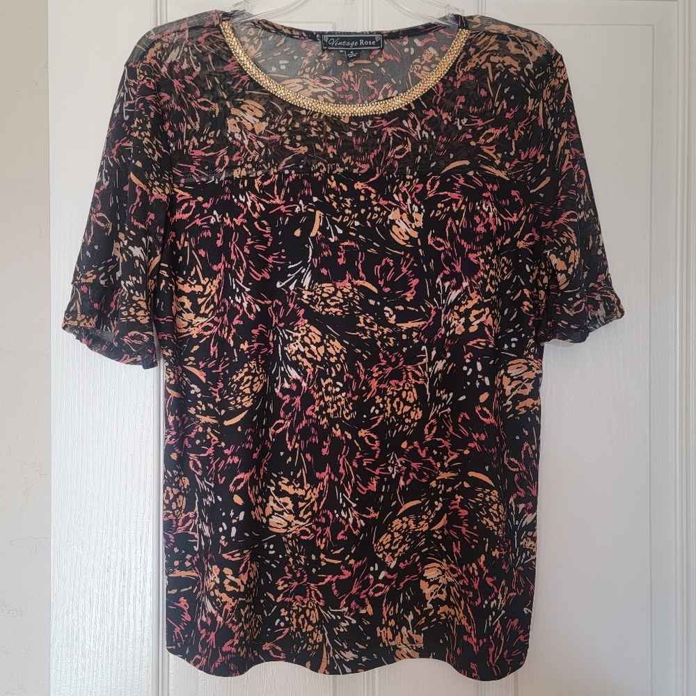 Vintage Rose Blouse Short Sleeve Black/Orange Size M